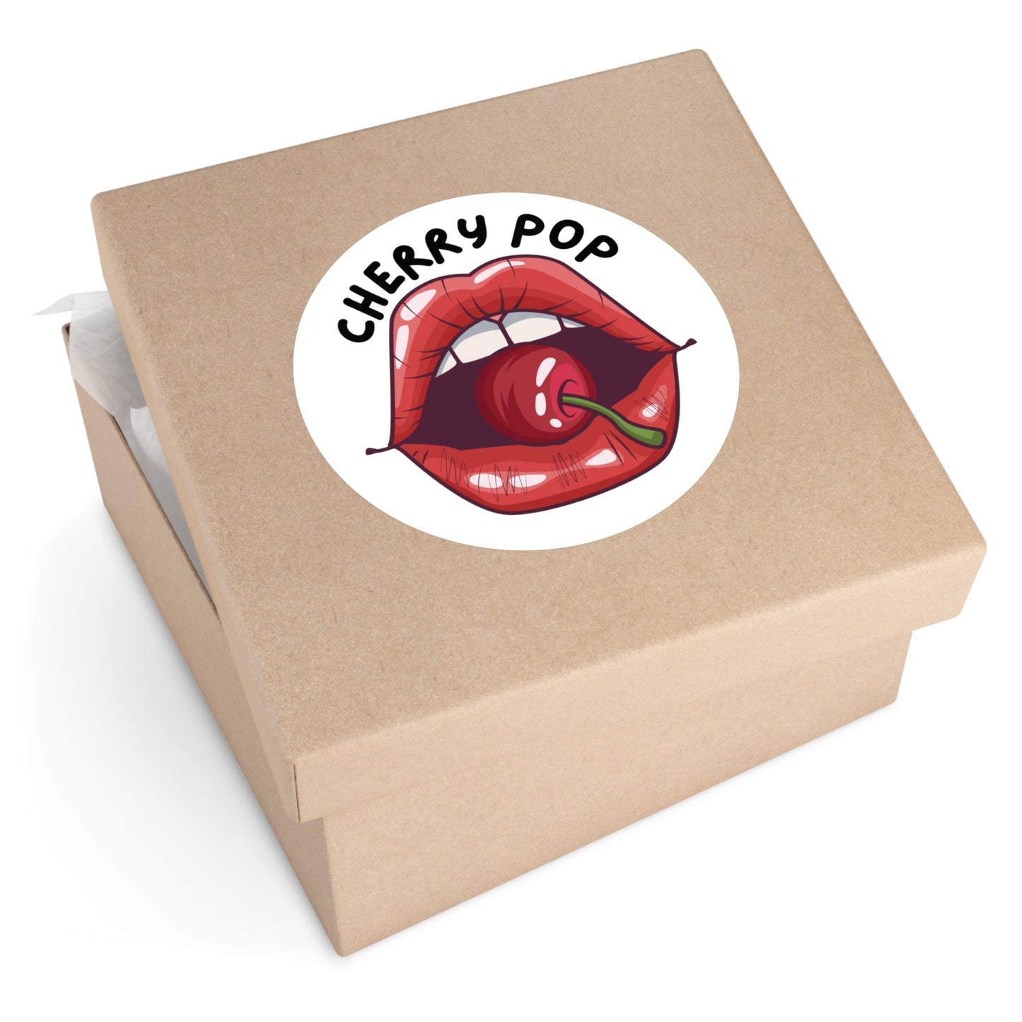 Kraft paper box with a 'Cherry Pop' sticker featuring lips and a cherry.