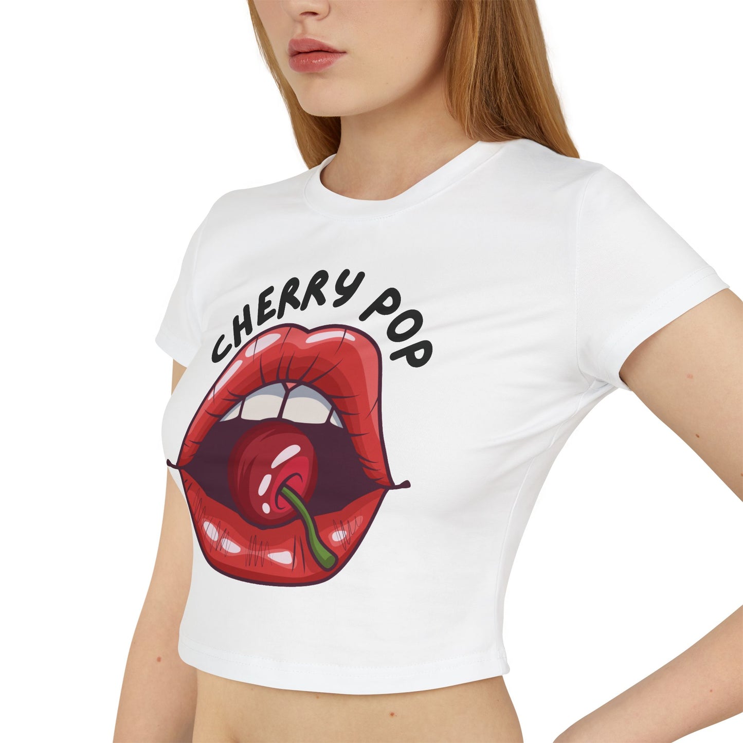 White t-shirt with red lips biting on a cherry and 'Cherry Pop' text worn by a person