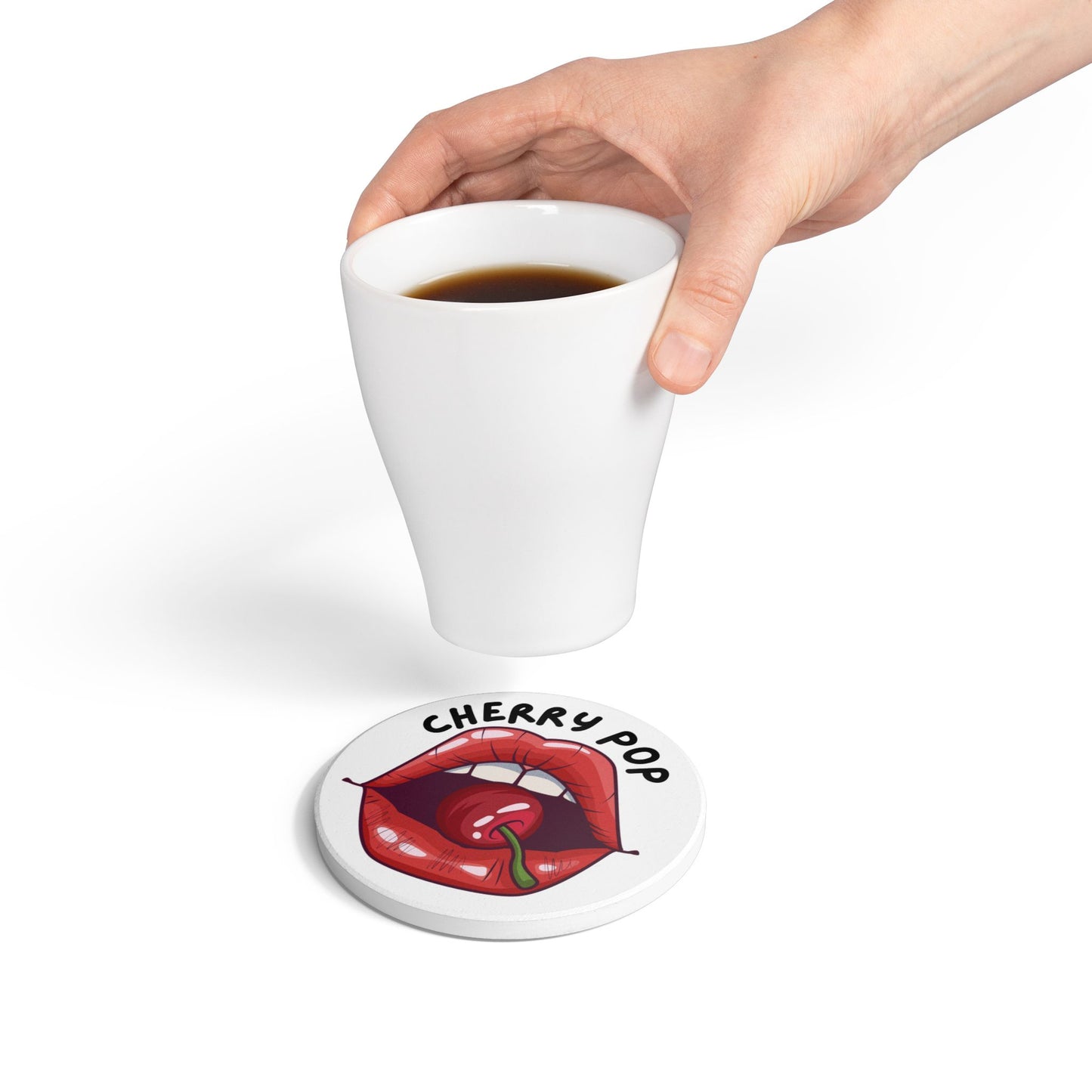 Hand holding a white cup with a cherry pop lips design coaster on a white background downloadable digital file