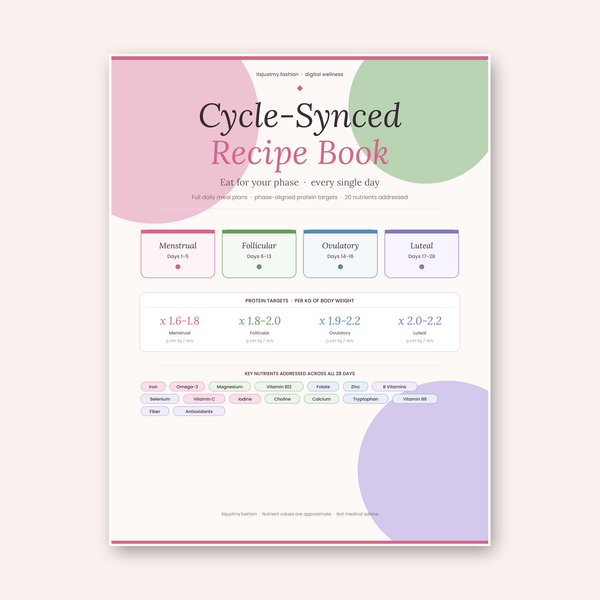 Cycle-Synced Recipe Book cover — 28-day meal plans across all four cycle phases