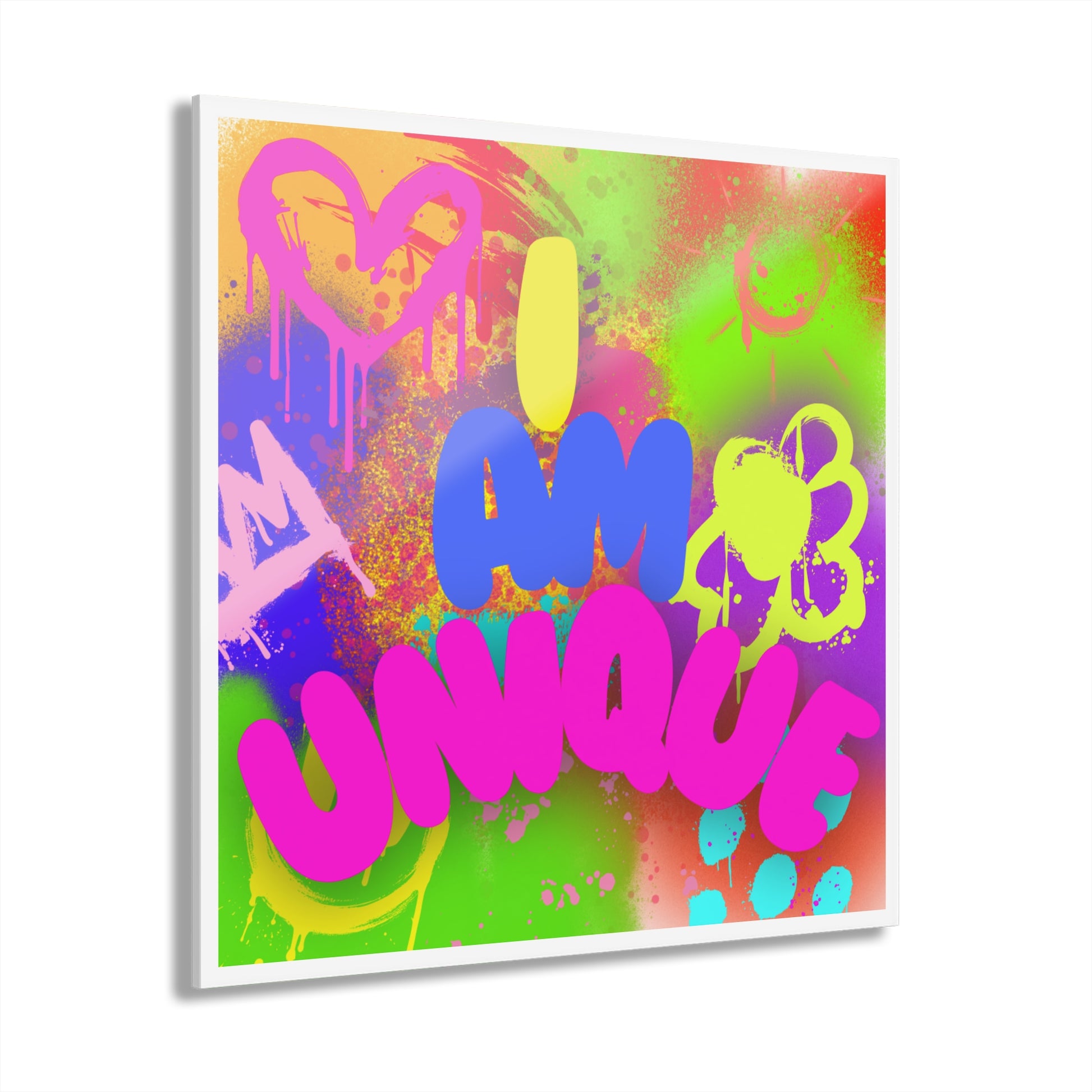 Colorful artwork printed on a white 0.25” thick grade-A acrylic with white vinyl backing with 'I AM UNIQUE' text on a white background