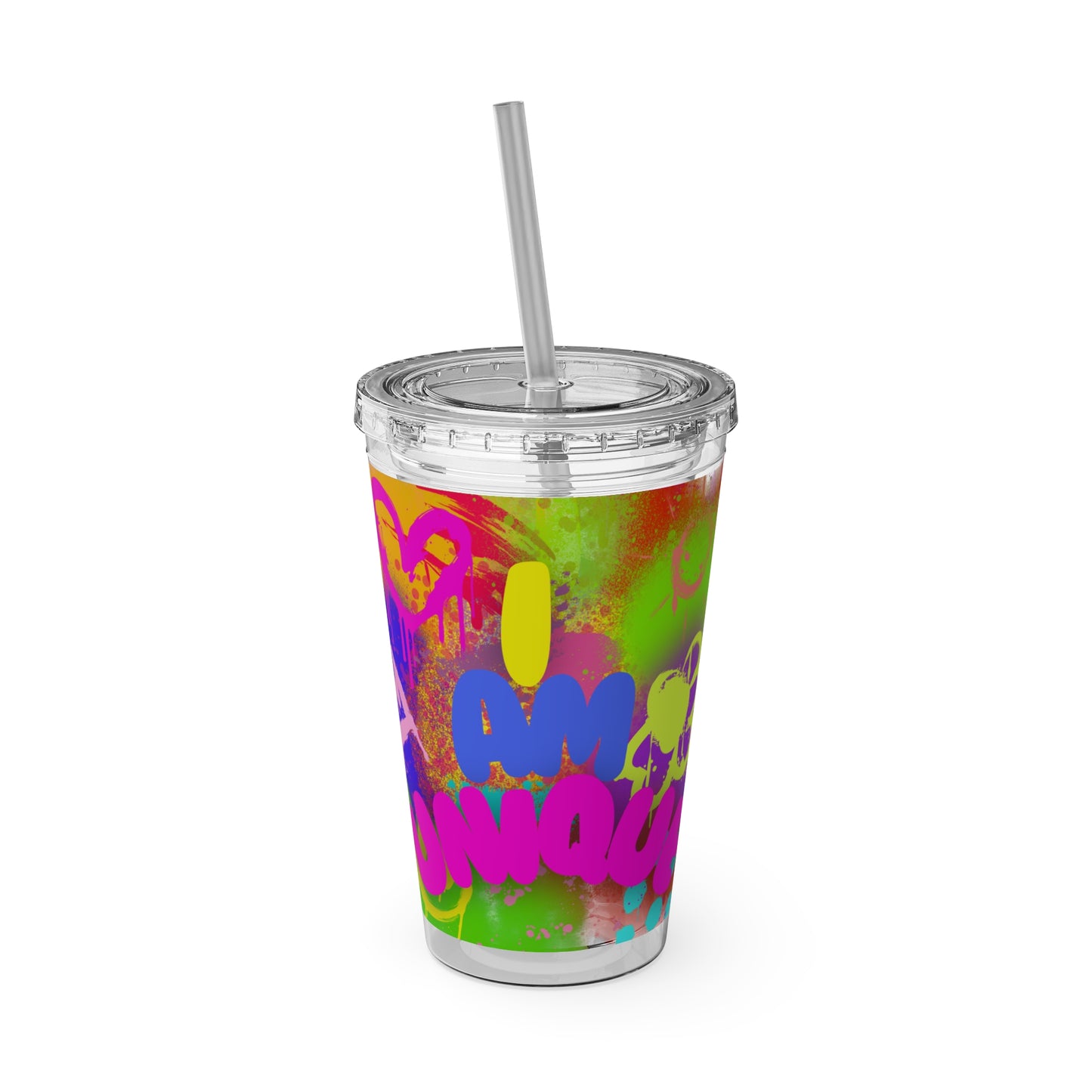 Colorful tumbler with a straw on a white background made from BPA-free acrylic Crack-resistant and flexible straw