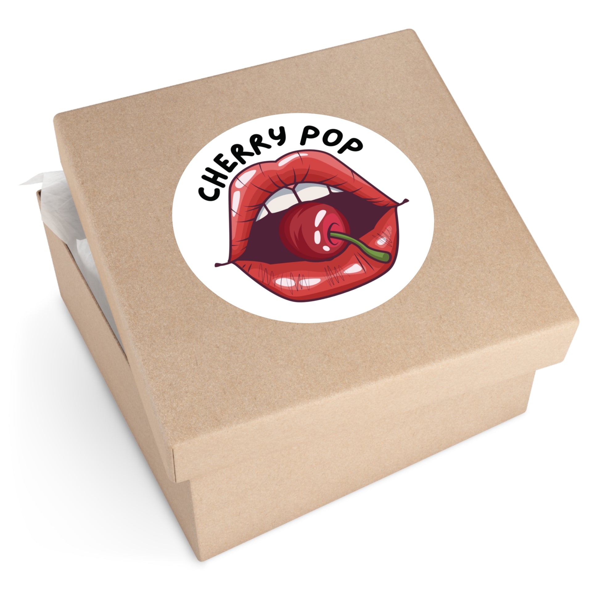 Kraft paper box with a 'Cherry Pop' sticker featuring lips and a cherry.