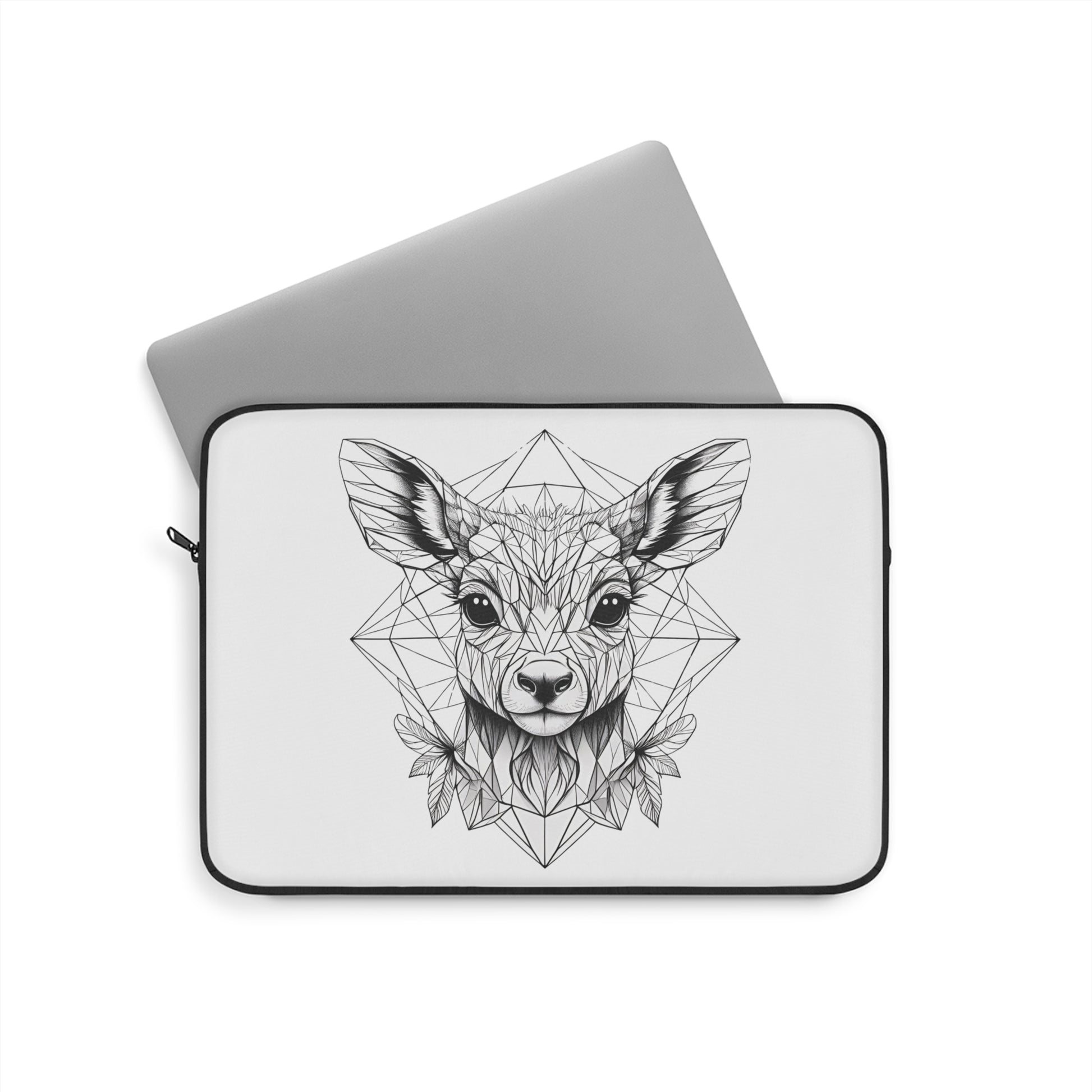 White Laptop sleeve Smooth neoprene with a black border with a geometric deer design on a white background